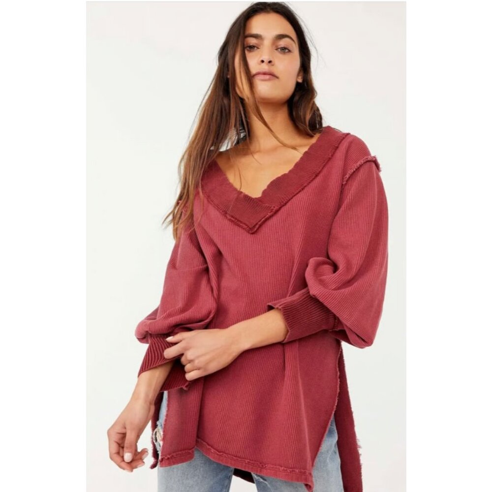 Free People Oversized V-Neck Ribbed Sweater in Dusty Rose